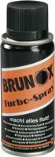 BR02 Brunox Turbo Spray 100ml Staffelkorting bij aankoop van: 

mix 5   dozen/pakken Brunox/Squirt
mix 10 dozen/pakken Brunox/Squirt

Brunox® Turbo-Spray® op metalen oppervlakken is water afstotend, beschermt tegen vocht en aggressieve omstandigheden zoals zure omgevingen, schoorsteengassen etc. Door het gebruik van Brunox® Turbo-Spray® wordt een doorzichtige compacte, niet uithardende, roestwerende film van 1-2 micron dik gevormd, die een betrouwbare bescherming biedt.
Brunox® Turbo-Spray® kan gemakkelijk verwijderd worden met schoonmaakmiddelen (tensiden).
Werking

Smeermiddel
Brunox® Turbo-Spray® is een langdurig werkend smeermiddel dankzij het bijzondere mengsel van koolwaterstoffen en de toevoeging van TURBOLINE.

Kruipolie / Roestoplosser
Brunox® Turbo-Spray® is een multicomponenten smeerolie met een uitstekende penetrerende werking. Daardoor kan het in de kleinste scheurtjes en ruimten binnendringen en bijvoorbeeld vastzittende schroeven in een mum van tijd weer los maken. Turbo-Spray verwijdert Corrosiebescherming
Brunox® Turbo-Spray® garandeert volledige corossiebescherming, ook in de kleinste holle ruimten. Het koolwaterstofmengsel geeft zowel een compacte beschermingslaag als de noodzakelijke filmdikte die vocht verdrijft. Het vormt een heldere, onzichtbare, niet uithardende laag die in de meeste gevallen niet verwijdert hoeft te worden. (Uitzondering: vóór het verven). Deze film verschaft tijdelijke bescherming tegen corrosie (ongeveer 6 maanden) en werkt vuilafstotend.

Reinigingsmiddel
Brunox® Turbo-Spray® verdringt en verwijdert mineraal en organisch vuil, zodat (bijna) alle soorten vlekken (bijv. teer, remstof, plakresten, etc) moeiteloos verwijdert kunnen worden. Ook verwijdert Turbo-Spray kruit-, lood- en koperresten van wapens. Het neutraliseert handzweet en beschermt ook aluminium, koper, messing, verchroomd en gegalvaniseerd staal en ook roestvrij staal. Denk aan de RVS afzuigkap in de keuken!

Contact spray
Brunox® Turbo-Spray® heeft een zeer lage oppervlakte spanning en een grote adhesie aan metalen, zodat lekstromen voorkomen worden en binnengedrongen vocht meteen verwijderd wordt. Deze eigenschap is in het bijzonder geschikt voor electrische contacten, kortsluiting wordt verholpen en voorkomen.
Eigenschappen
Brunox® Turbo-Spray® bevat geen siliconen, geen teflon en geen grafiet
Brunox® Turbo-Spray® heeft geen invloed op lakken, leer, hout, rubber, plastic en textiel
Brunox® Turbo-Spray® bevat slechts 3% drijfgas (co2), dus 97% actief middel
Brunox® Turbo-Spray® is veilig en heeft een vlampunt van 78 °C Brunox Turbo Spray 100ml